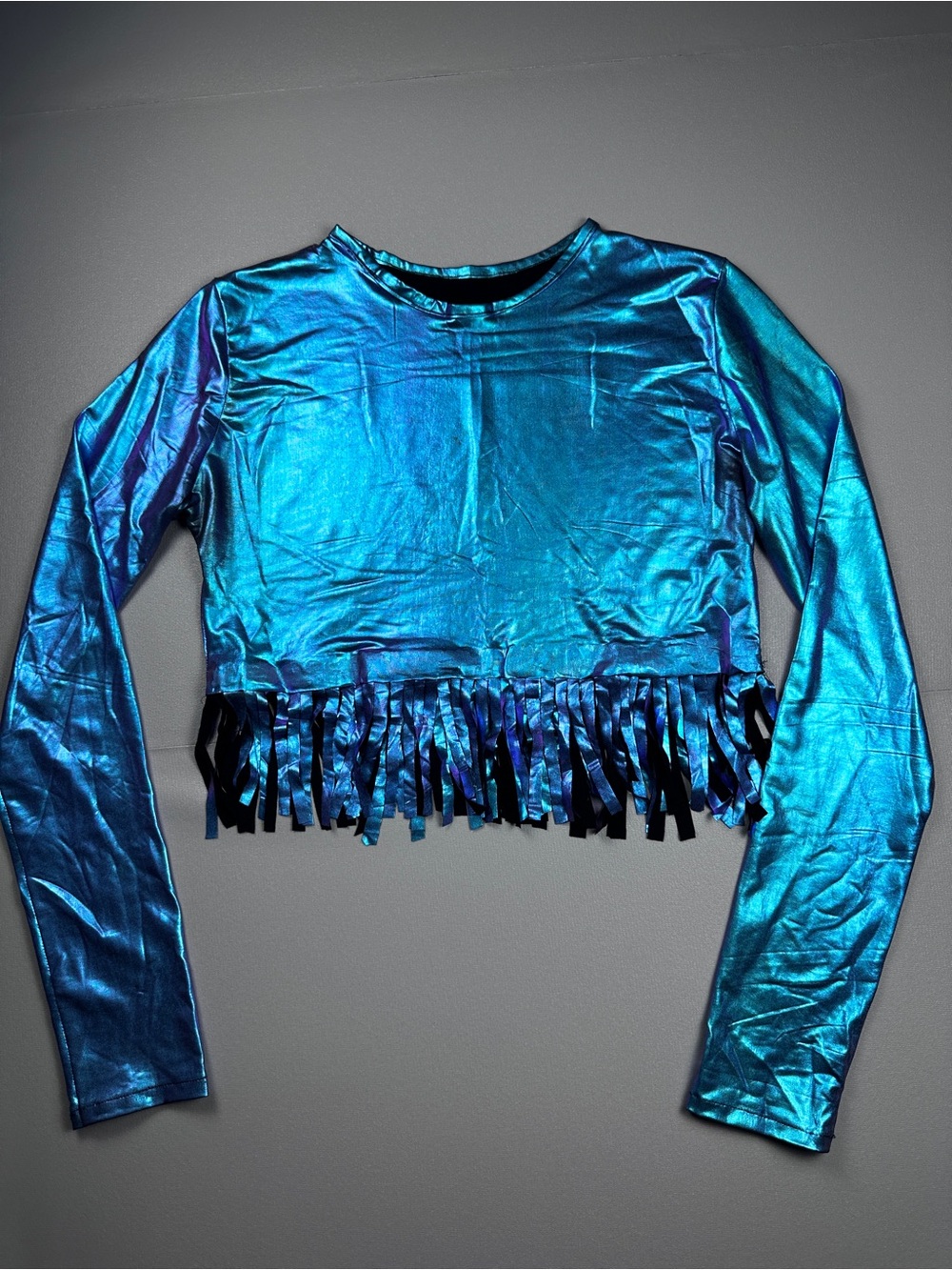 Blue Metallic Fringe Crop Top Long Sleeve Iridescent Festival Y2K Dance Top